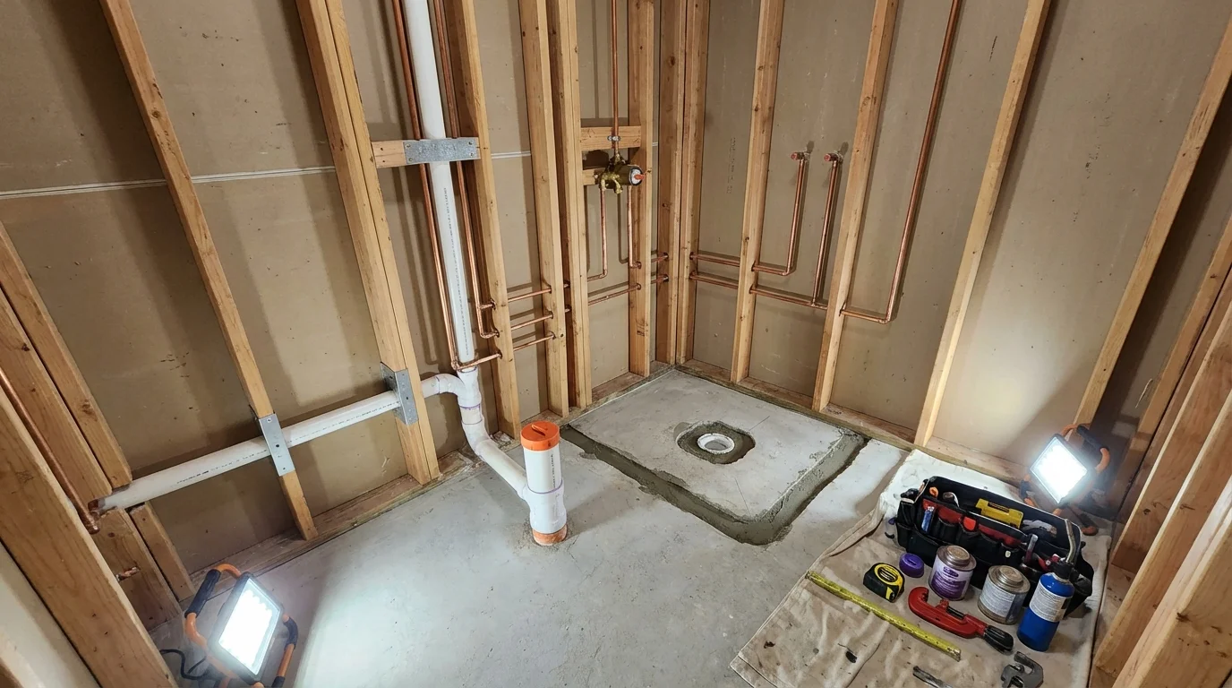 Bathroom rough-in plumbing during remodel by Johns Plumbing LLC in Fort Walton Beach