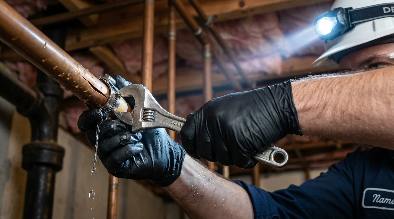 Emergency pipe clamp repair being performed by a Johns Plumbing LLC plumber in Fort Walton Beach