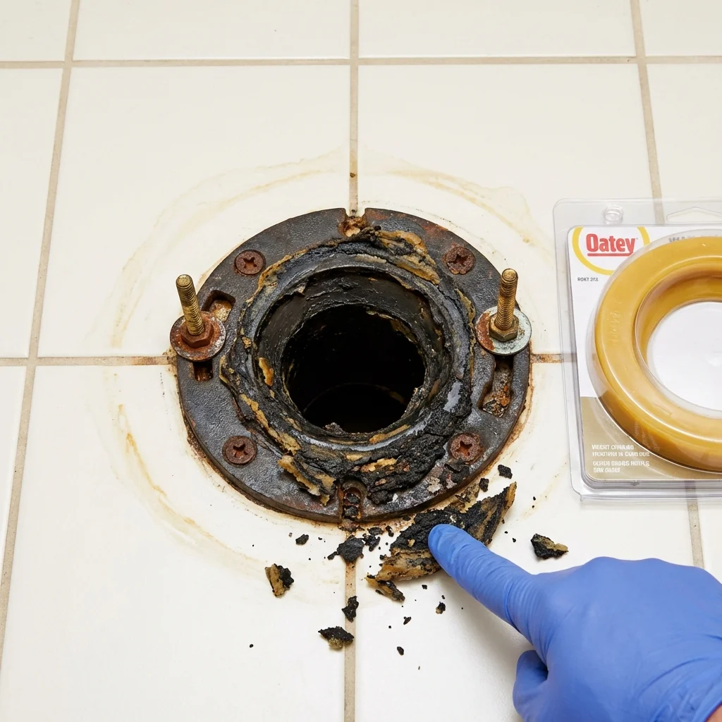 Failed wax ring showing water seepage at the base of a toilet in a Fort Walton Beach, FL home