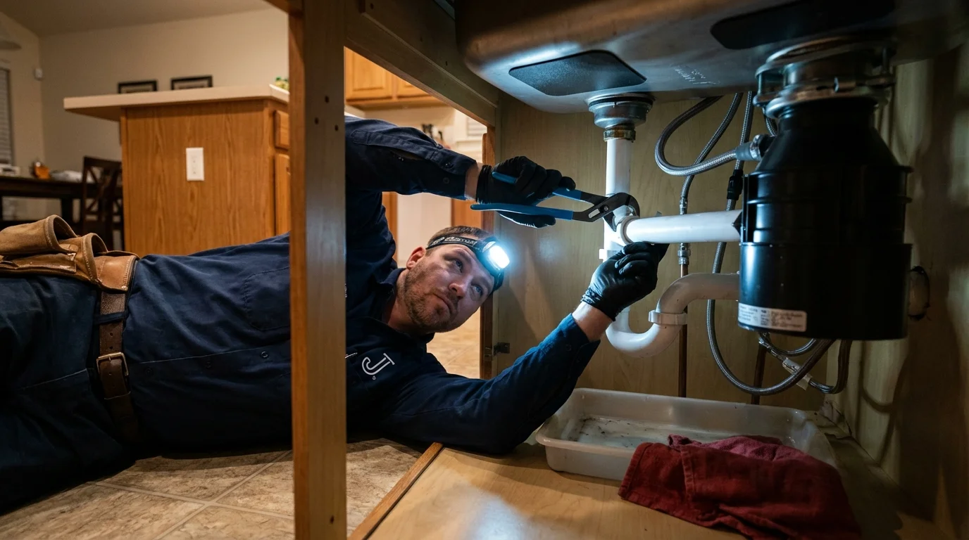 P-trap and supply line connections under a kitchen sink showing a common leak point in Fort Walton Beach, FL